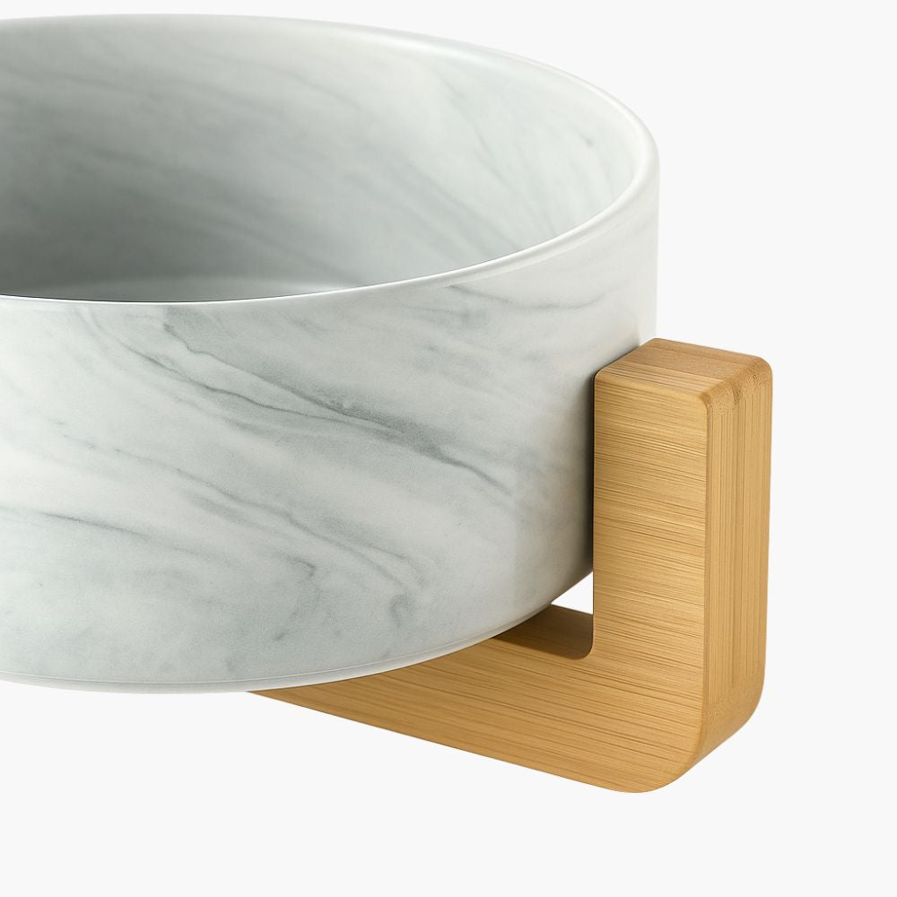 Dubbel keramisk matskål för hund och katt med bambuställ