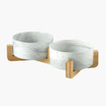 Dubbel keramisk matskål för hund och katt med bambuställ