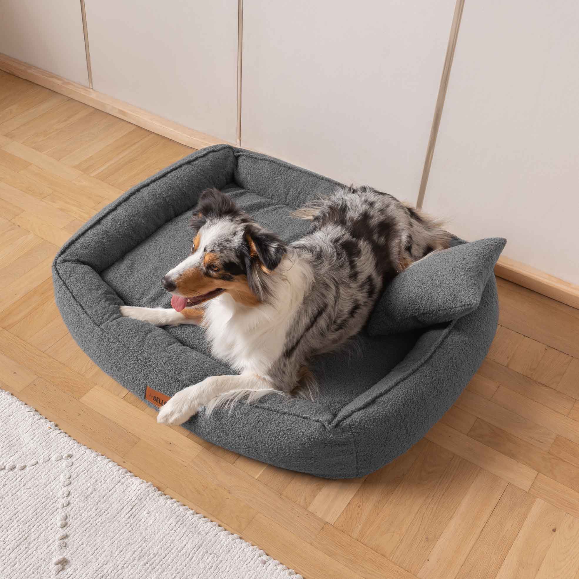 Hund som vilar bekvämt i en grafitgrå hundbädd i bouclé