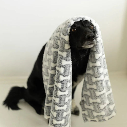 Mjuk fleecefilt med rutigt mönster för hund på soffa