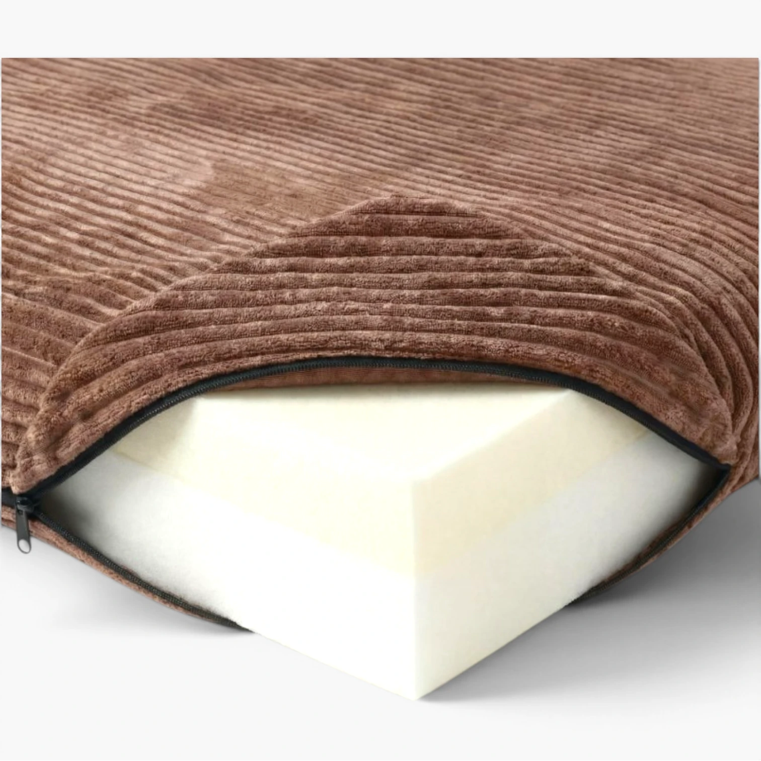 Detalj av ribbat manchestertyg på mjuk ortopedisk hundbädd Beige