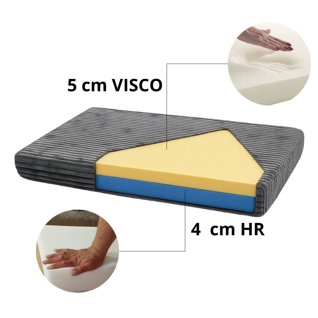 Ortopedisk madrass för hund, tillverkad i slitstark kord, med 9 cm ortopediskt HR + VISCO-skum och polyesterfyllning