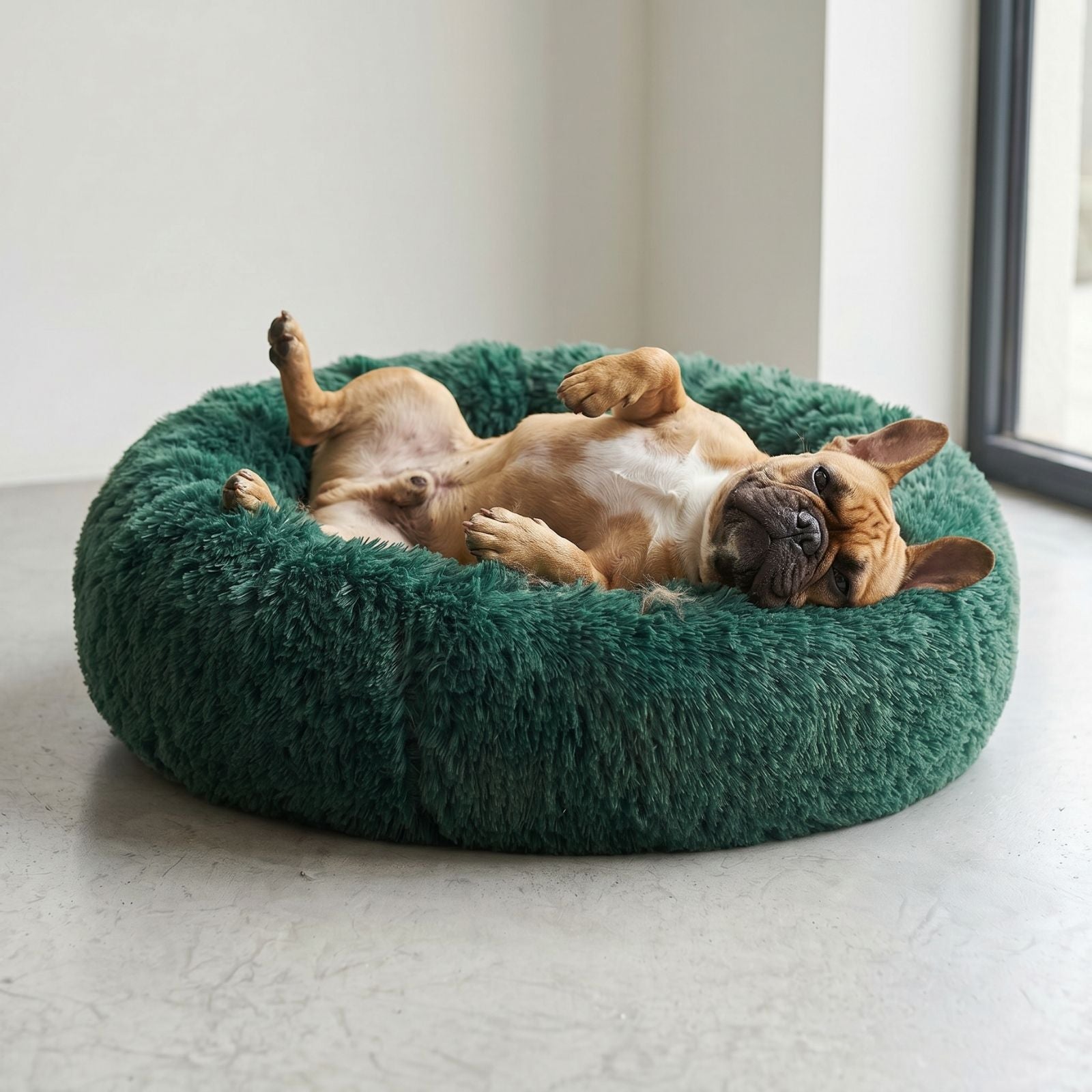 Fransk bulldog som vilar bekvämt i fluffig hundbädd MOLN Grön