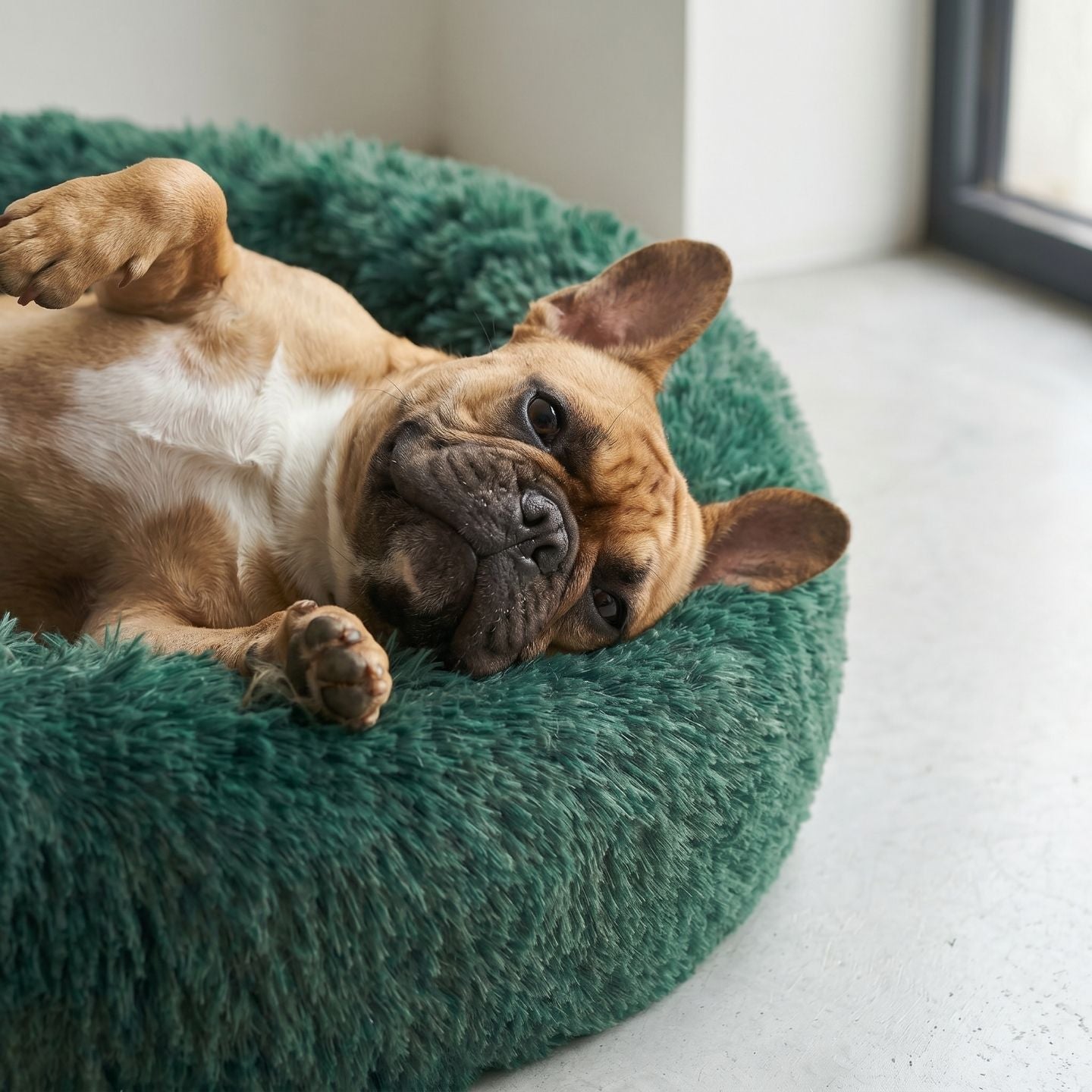 Plyschig hundbädd MOLN med fransk bulldog i ljus inredning Grön