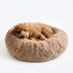 Plyschig hundbädd MOLN Beige med hund, rund och mjuk hundbädd med höga kanter