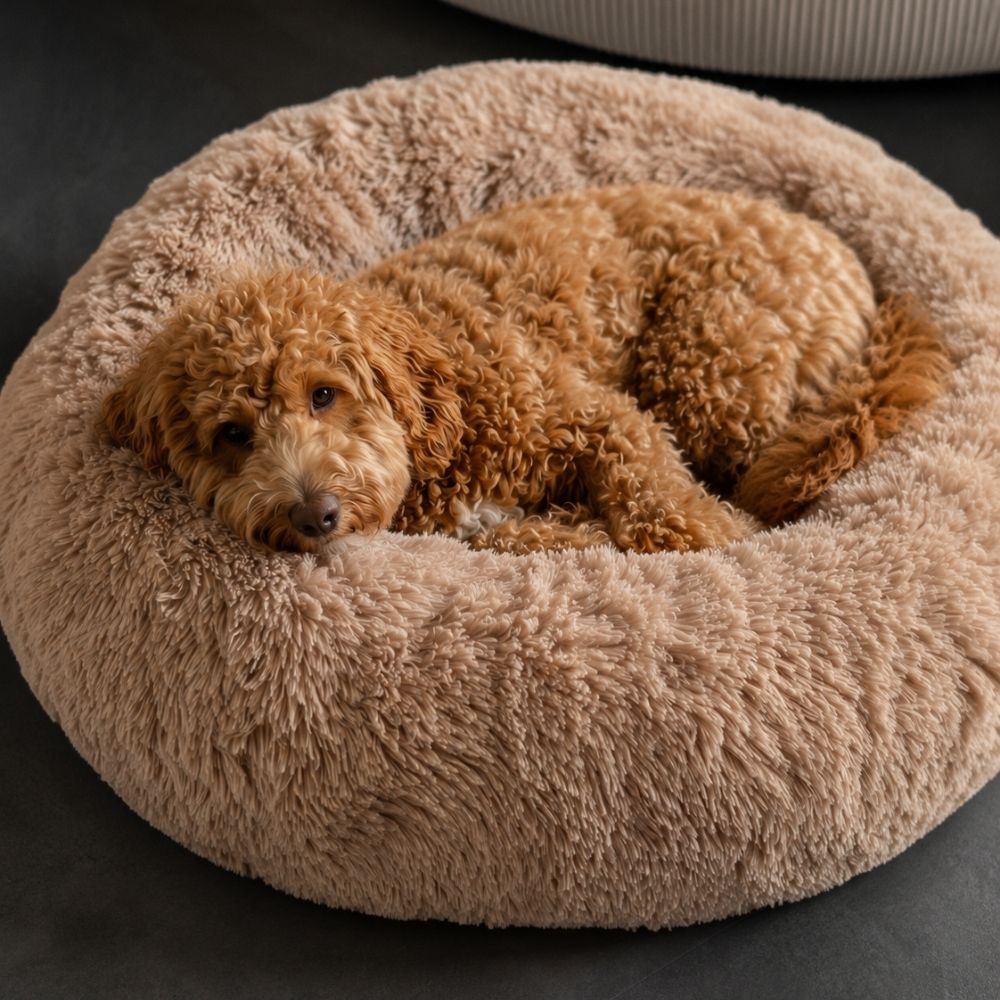Hund i plyschig hundbädd MOLN Beige, fluffig bädd som ger en mjuk och ombonad viloplats
