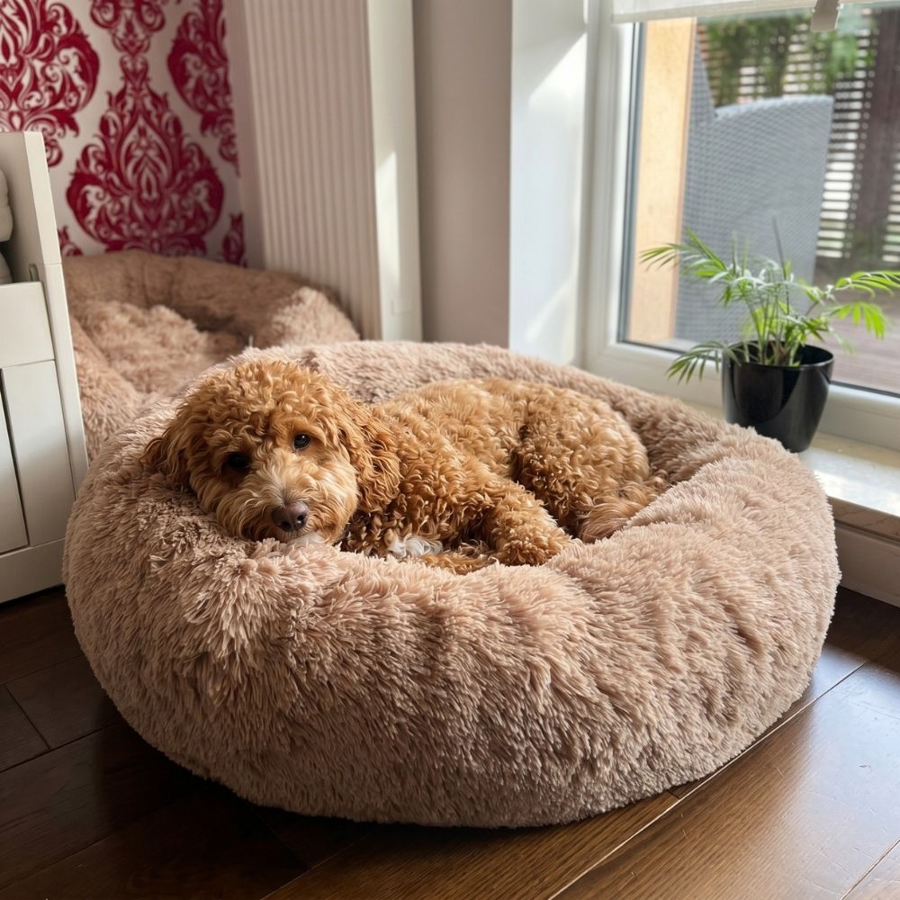 Plyschig hundbädd MOLN Beige med hund vid fönster, mjuk rund hundbädd för hemmet
