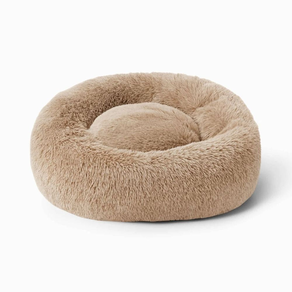 Plyschig hundbädd MOLN Beige, rund fluffig hundbädd i mjuk beige plysch