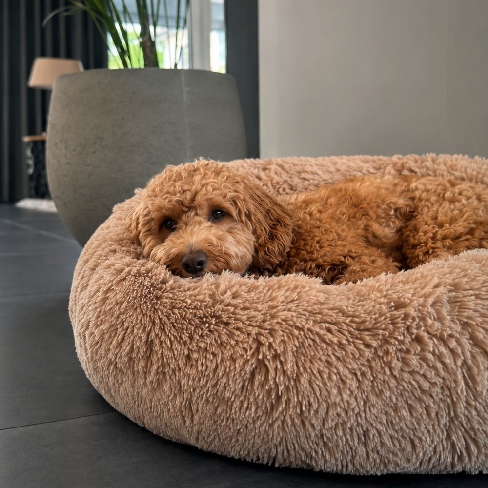Hund som vilar i plyschig hundbädd MOLN Beige, mjuk och fluffig hundbädd för bekväm vila