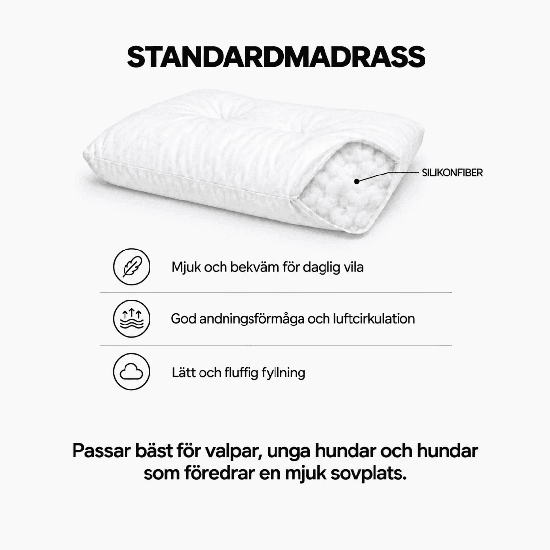 Standardmadrass med silikonfiber för valpar, unga hundar och hundar som föredrar en mjuk sovplats